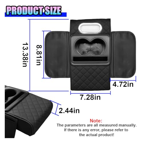 Leather Car Center Console Cover, Universal Automotive Armrest Booster Cushion, Vehicle Middle Console Organizer with 2 Cup Holders, Side Storage Bag, Tissue Box & Phone Slot(Black) - color: Black