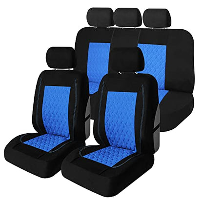 Universal Fit Diamond Stitched Flat Cloth Car Seat Covers Full Set - Blue - color: Blue