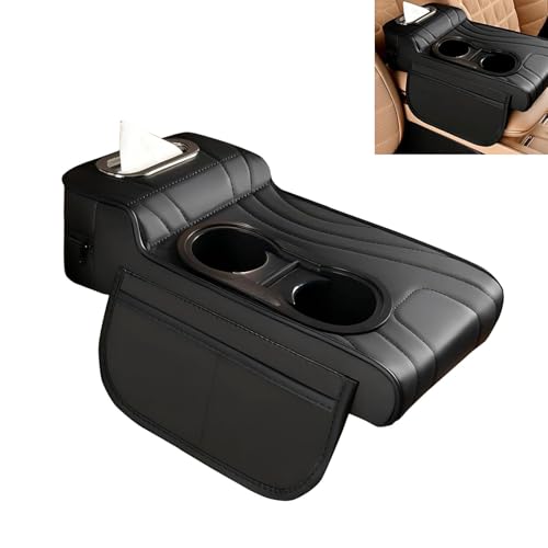 Car Armrest Cushion, Leather Center Console Cover Protector, Multifunctional Storage Pad with Dual Cup Holder, Tissue Box & Side Card Slot, Universal for Most Cars (Black) - color: Black