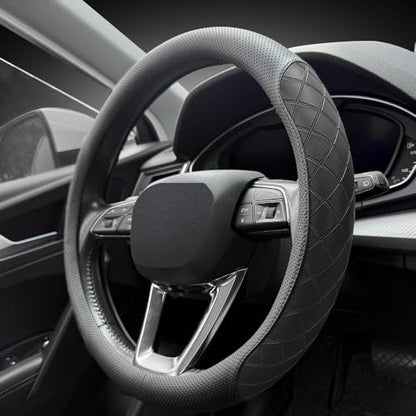 Nappa Leather Steering Wheel Cover, Elegant Diamond Checkered Design, Non-Slip wear-Resistant, Enhance Driving Comfort, Suitable for Steering Wheel Diameter 14 1/2‘-15’ Models.Black - color: Black