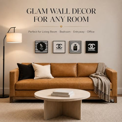 PROBENEX Glam Wall Art Set of 4, Real Wood Black & White Fashion Decor, Small 8x8 Framed Artwork for Bedroom Vanity Dressing Room, Glitter Finish, Hang or Tabletop Stand, Pink Gift Packaging