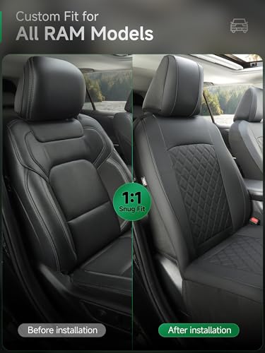 GIANT PANDA Front Truck Seat Covers for Dodge Ram 1500 2500 3500 2003-2026 Limited Laramie Big Horn Crew Cab& Quad Cab,Faux Leather,with Back Leather Pannel,Black(Luxury Edition)