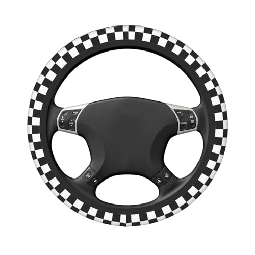 Black and White Checkered Steering Wheel Cover for Women, Universal Auto Steering Wheel 14-15 Inch Car Interior Accessories with 2PCS Car Coasters, Suitable for Men and Women - color: black and white