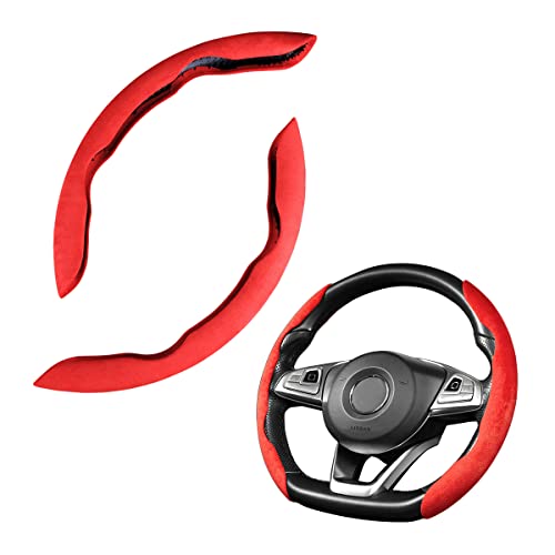 Car Steering Wheel Cover, Microfiber Suede Leather and Carbon Fiber Double Sided Design, Warm in Winter and Cool in Summer, Breathable Non Slip Segmented Protector for Most Cars (Turn Fur/Red) - color: Turn Fur/Red