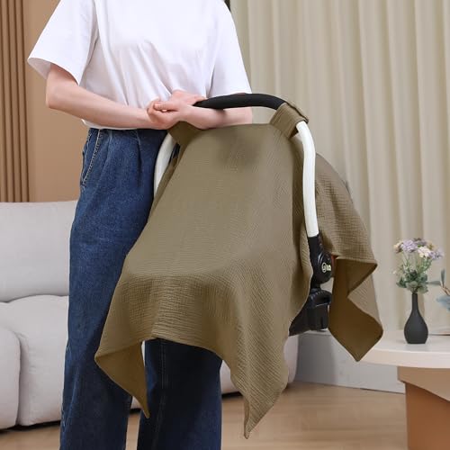 100% Muslin Cotton Car Seat Cover Baby, Carseat Canopy Cover, Universal Fit Stroller Covers for Boys and Girls (Coffee) - color: coffee