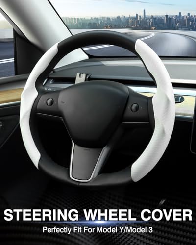 Canvcle Steering Wheel Cover for Tesla Model 3/Y 2016-2025 2026 Highland/Juniper Accessories Carbon Fiber Steering Wheel Cover Protector Non-Slip, Comfortable, Breathable, Model 3/Y Accessories, White