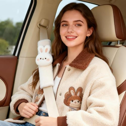 2 PCS Seat Belt Cover Pad, Cute Kawaii Animal Bunny Seatbelt Covers for Kids and Adults, Winter Plush Fluffy Soft Seat Belt Cover, Cartoon Seatbelt Cushion,Car Seat Strap Pads (F-Bunny)