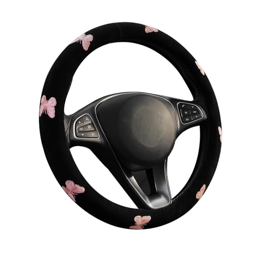 Pink Embroidery Butterfly Steering Wheel Cover, Nappa Leather Material, Universal 14.5-15 Inch Leather Anti-Slip Breathable Auto Steering Wheel Covers for Men Women - color: Embroidery-Pink Butterfly