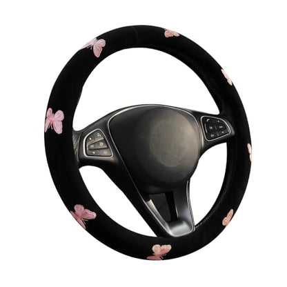 Pink Embroidery Butterfly Steering Wheel Cover, Nappa Leather Material, Universal 14.5-15 Inch Leather Anti-Slip Breathable Auto Steering Wheel Covers for Men Women - color: Embroidery-Pink Butterfly