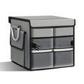 Car Trunk Organizer with Lid, 28L 2-Compartment Collapsible Trunk Cargo Storage Box, Waterproof Oxford Vehicle Backseat Storage Organizer with Base Plate & Metal Handle, Car Accessories (Gray)