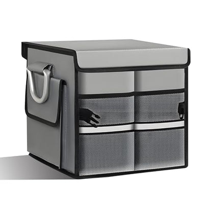 Car Trunk Organizer with Lid, 28L 2-Compartment Collapsible Trunk Cargo Storage Box, Waterproof Oxford Vehicle Backseat Storage Organizer with Base Plate & Metal Handle, Car Accessories (Gray)
