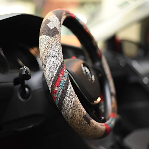 Universal 15inch Ethnic Style Baja Blanket Steering Wheel Cover with Coarse Flax Cloth and Sweat Absorption Anti Slip Car Wrap (Boho Brown) - style: Boho Brown