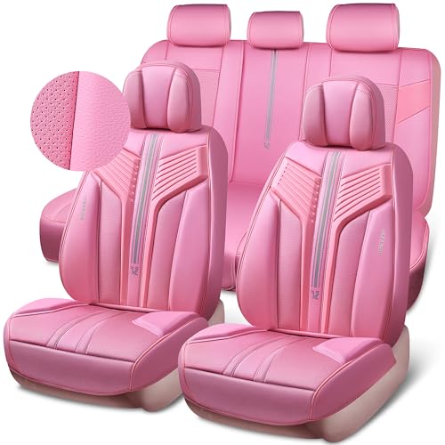 CAR PASS Pink Nappa Leather Seat Covers, Cute Girly Car Seat Covers Full Set for Women, Luxury 3D Sponge Support Waterproof Car Seat Protector, Universal Fit SUV Pick-up Truck Sedan Automotive - color: Pink, size: Full Set Full Coverage