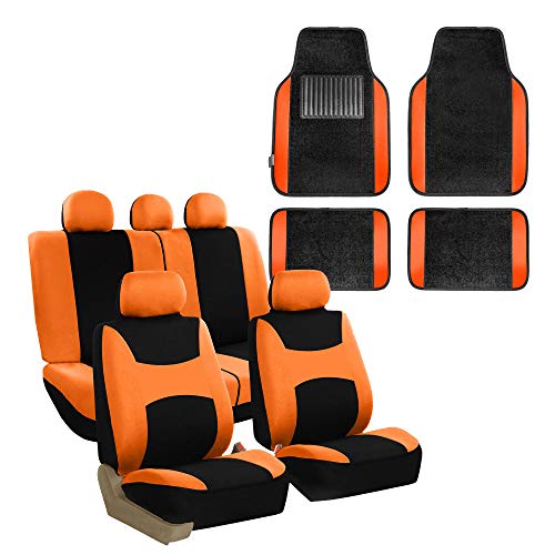 FH Group Light & Breezy Cloth Seat Full Car Seat Covers (Airbag & Split Ready) with Carpet Floor Mats- Universal Car, Truck, SUV, or Van (Orange/Black) FB030115 - color: Orange