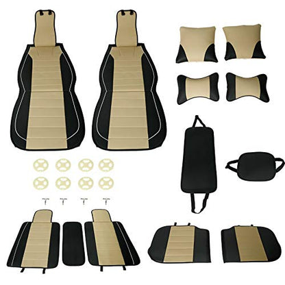 Universal 5 Seats PU Leather Car Seat Cover Full Set Front + Rear Cushions w/Pillows Black/Beige - color: Black/ Beige