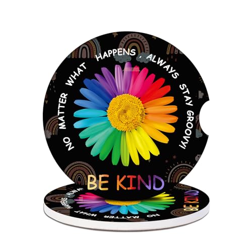 Car Cup Holders Coasters - Rainbow Be Kind Flower Absorbent Ceramic Coaster, Drink Cup Holder Coasters, Auto Interior Accessories for Women & Men Pack of 2 - color: Rainbow Be Kind Flower