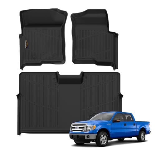 Floor Mats for 2010-2014 Ford F150 SuperCrew/Crew Cab with 1st Row Bucket Seat All Weather TPE Floor Liners Custom Fit for F-150 1st & 2nd Row Anti-Slip Full Set Car Mats - size: for 2010-2014 Ford F150 Floor Mats