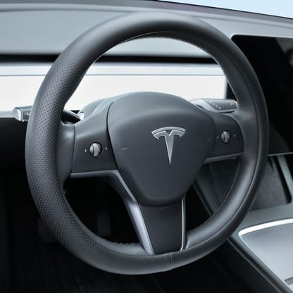Nappa Leather Steering Wheel Cover Compatible with Tesla Model 3/Y 2016-2025 2026 Juniper/Highland, Non-Slip Breathable Model 3/Y Steering Wheel Protector, Black - color: Black
