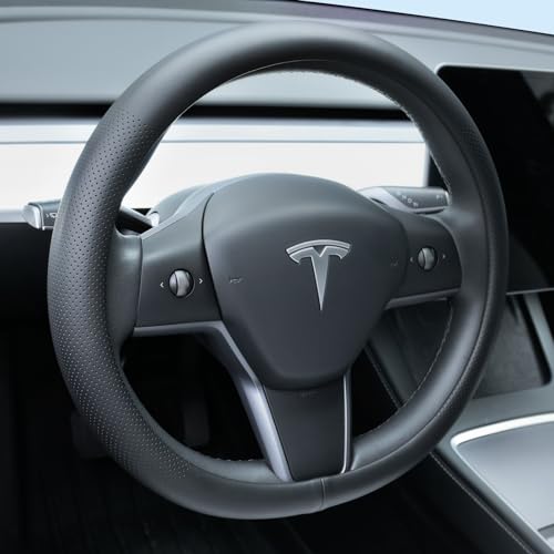 Nappa Leather Steering Wheel Cover Compatible with Tesla Model 3/Y 2016-2025 2026 Juniper/Highland, Non-Slip Breathable Model 3/Y Steering Wheel Protector, Black - color: Black