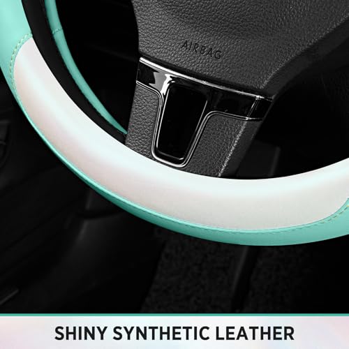 Road Comforts Steering Wheel Cover – Breathable Leather Steering Wheel Cover, Anti-Slip Grip, Universal Fit 14.5” to 15”, Heat & Cold Resistant for Cars, SUVs, and Trucks –Shining White & Mint - color: White&Mint