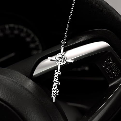 BYFDIY Custom Hanging Car Charm Cross Personalized Name Birth Flower Wheel Charm Rearview Mirror Accessories Birthday Easter Gift for Female Christian Drivers Women 1.8"×1"