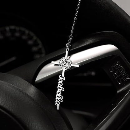 BYFDIY Custom Hanging Car Charm Cross Personalized Name Birth Flower Wheel Charm Rearview Mirror Accessories Birthday Easter Gift for Female Christian Drivers Women 1.8"×1"