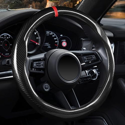 Labbyway Carbon Fiber Steering Wheel Cover, Universal 15 inch, Breathable, Anti-Slip, Warm in Winter and Cool in Summer, Black - color: Carbon Fiber Black