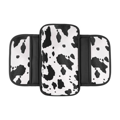 Cow Print Car Center Console Cover PVC Leather Armrest Cushion with 2 Storage Bags Universal Auto Armrest Seat Box Pad Car Interior Accessories Protector for Women Men (White Black)