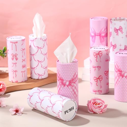Outus 12 Pcs Bow Car Tissues Cylinder Holder with 3 Ply Facial Tissue Bulk Pink Bow Ribbon Round Tissue Holder Travel Tissues Boxes Container for Car Cup Wedding Birthday Party - style: Bow