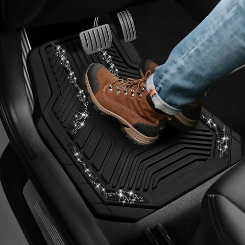 PIC AUTO Car Floor Mats, Black Sparkly Crystal Bling Glitter Car Mats Set, Front and Rear Heavy Duty Rubber Car Mats with Anti-Slip Backing, All Weather, Trim-to-Fit for Automotive SUVs, Sedan, Vans - color: Black Glitter