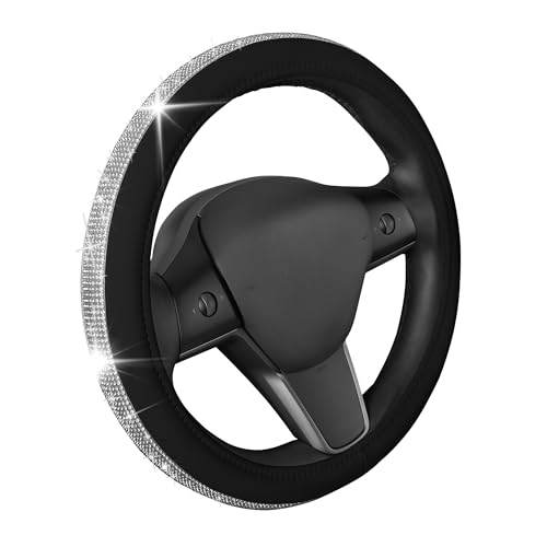 Carbella Leatherette Crystal Bling Steering Wheel Cover for Car SUV, Glitter Sparkle Rhinestone Cute Car Accessories for Women Universal Fit Standard Size (Fits 14.5"-15") - Black w/ Silver Bling - color: Bling Black/Silver