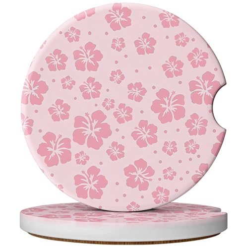 2 Pack Car Coasters for Cup Holders, Absorbent Ceramic Cup Coaster with Cork Base and Finger Notch, Cute Car Accessories Interior for Women Men - color: Hibiscus