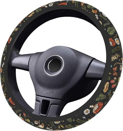Woodland Fern Moth Dragonfly Mushroom Amanita Steering Wheel Cover, Car Cup Coasters & Quarter Keyring, Car Accessories Universal Fit 14.5-15 inch Wheel Auto SUV Sedan Vans Trucks - color: Dragonfly Mushroom