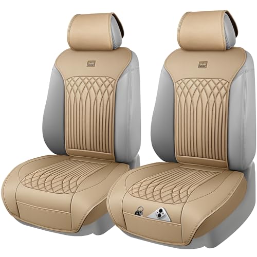 CAR PASS Car Seat Protector, 2 Pack Sideless Nappa Leather Seat Covers for Cars, All Season Waterproof Breathable Front Seats Cushion with Storage Pocket Universal Fit Vehicle Car SUV Truck, All Beige - color: Beige