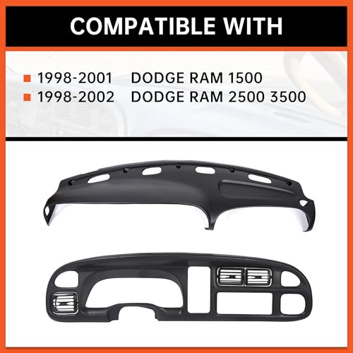 ECOTRIC Bezel Cover Instrument W/Vent & Dashboard Overlay Cover Kit Compatible with 1998-2002 Dodge Ram 1500 2500 3500 Bezel & Dash Board Cover Replacement Black - size: Bezel Cover W/ Vents & Dashboard Cover