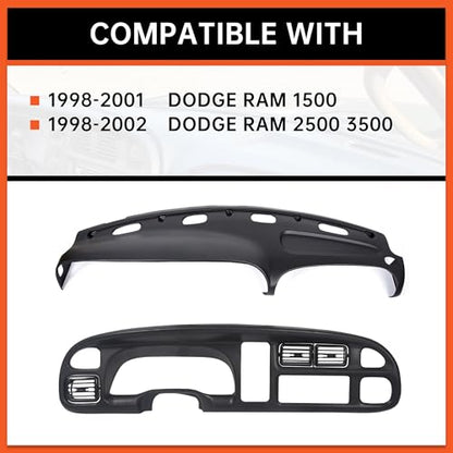 ECOTRIC Bezel Cover Instrument W/Vent & Dashboard Overlay Cover Kit Compatible with 1998-2002 Dodge Ram 1500 2500 3500 Bezel & Dash Board Cover Replacement Black - size: Bezel Cover W/ Vents & Dashboard Cover