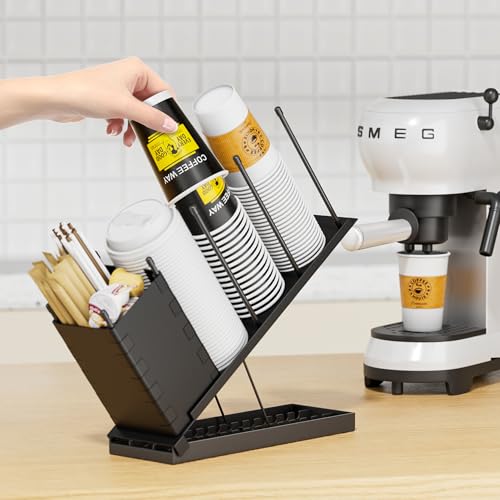 Dunatou Adjustable Cup and Lid Holder with Straw Holder & Storage Box – 4-Compartment Coffee Cup Organizer Dispenser for Countertop, Office Coffee Bar Station, Ninja Slushi Machine, Dirty Soda Bar