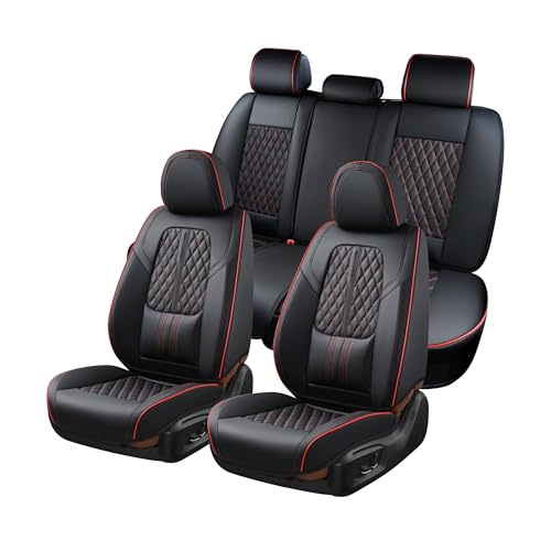 Coverado Car Seat Covers Full Set, Automotive Front and Rear Seat Covers with Backrest, Nappa Leather Car Seat Protectors Waterproof, Universal for Most Vehicles,Black - color: Black&Red(Lumbar Support), size: FullSet
