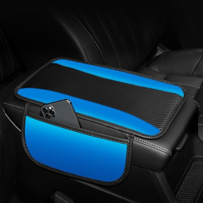 Car Center Console Cover with Side Storage Pockets, Patchwork Leather Armrest Pad with Carbon Fiber Texture, Non-Slip Auto Armrest Cushion Protector for Most Cars, Vehicles, SUVs (Blue)
