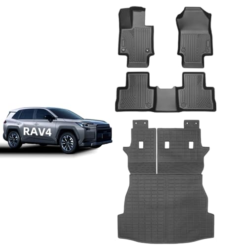 4-Piece Floor Mats for 2019-2025 Toyota RAV4 (Gas & Hybrid), Custom Fit TPE Liners 1st & 2nd Row with Integrated 2-in-1 Cargo & Backrest Protector, All-Weather Interior Guard, Black - size: For Rav4 2-in-1 Full Set 4pcs