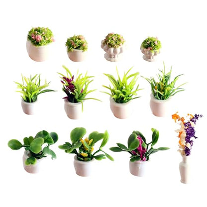 12 PCS Mini Car Plant Decor, Miniature Bonsai Faux Flower Potted Plants for Dashboard Decoration, Universal Cars Interior Decoration Gift (Green)