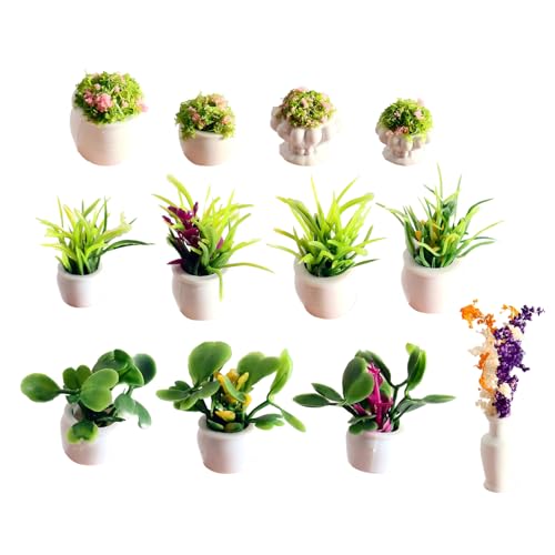 12 PCS Mini Car Plant Decor, Miniature Bonsai Faux Flower Potted Plants for Dashboard Decoration, Universal Cars Interior Decoration Gift (Green)