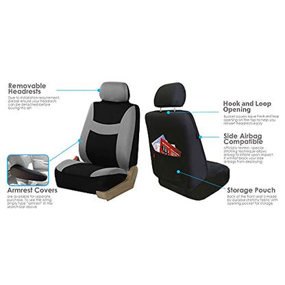 FH Group 3 Row Set 7 Seater Light & Breezy Flat Cloth Car Seat Covers, Combo Steering Wheel Cover & Seat Belt Pads, Airbag and Split Rear, Universal Fit for Cars Trucks, SUV, Gray - color: Gray