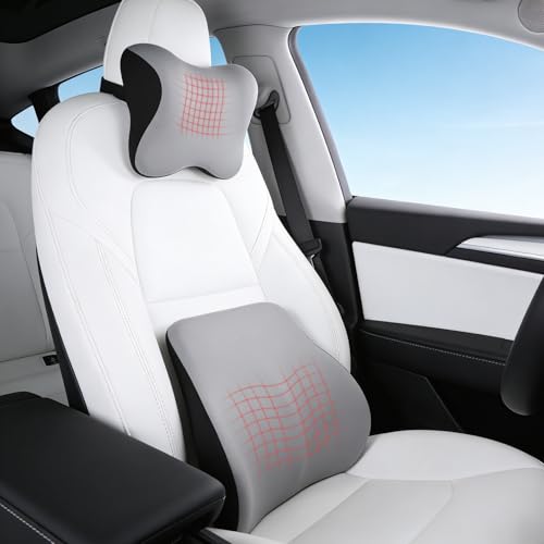 Car Headrest & Lumbar Support Set, Ergonomic Memory Foam Neck Pillow, Comfortable Travel Pillow for Car Truck SUV, Ideal for Long Driving (Gray) (Gray) - color: Gray