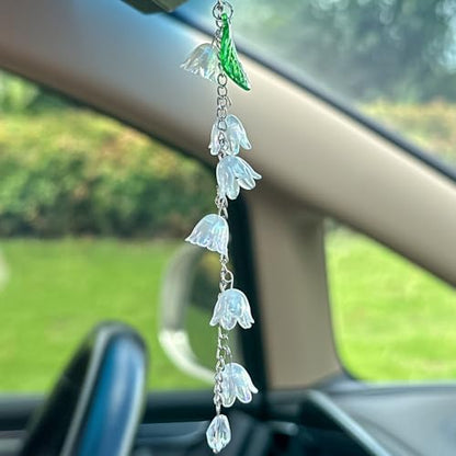 CASONA Flower Car Charm,Lily of the Valley Car Rearview Mirror Hanging Accessory,Rainbow Bellflower Acrylic Leaf Decor,Cute Ornament Gift for Women