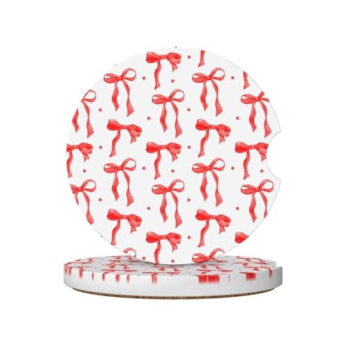 Red Bow Car Coasters for Cup Holders,2 Pack Car Cup Holder Coasters for Car,Ceramic Absorbent Car Coaster with A Finger Notch and Cork Base,Car Interior Accessories for Women Men - color: Red Bow