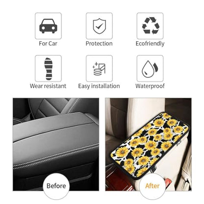 Universal Car Center Console Cushion Pad, Cow Print Sunflower Soft Waterproof Car Center Console Cover Auto Armrest Seat Box Cover Protector for Most Vehicle SUV Truck Car - color: Cow Print Sunflower