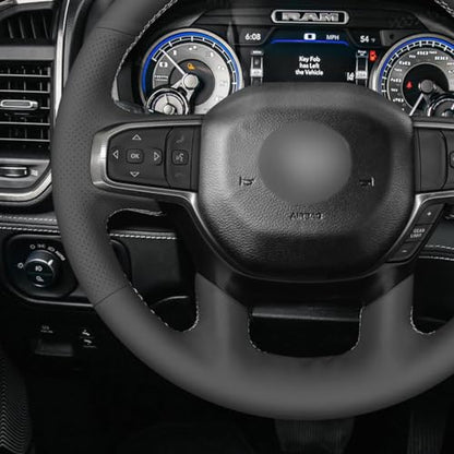 MEWANT DIY Hand Stitch Black Artificial Leather Steering Wheel Cover for Dodge Ram 1500 Laramie Big Horn 2019-2021 - color: Black Artificial Leather&White Stripe&White Thread