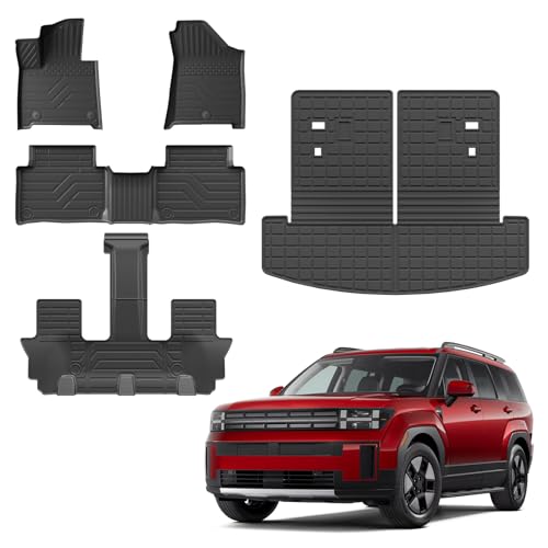 Floor Mats Compatible with 2024 2025 2026 Hyundai Santa Fe Cargo Liner Fit Gas&Hybrid TPE All Weather Back Seat Cover Protector Santa Fe Accessories (Trunk Mat with Backrest Mat+Floor Mats) - style: For Hyundai Santa Fe | 2024-2026