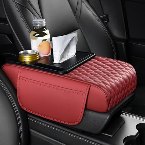 Center Console Cover Organizer, 5-In-1 Arm Rest Cover for Car with Cup Holder & Storage Pocket & Tissue Holder, Armrest Cover Cushion Pad, Water Ripples, Red - color: Red, size: Water Ripple